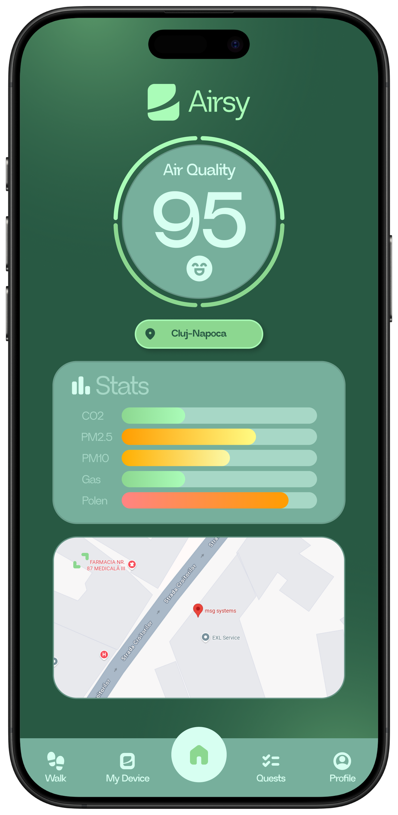 Airsy mobile app interface showing real-time air quality map with pollution data and environmental monitoring features